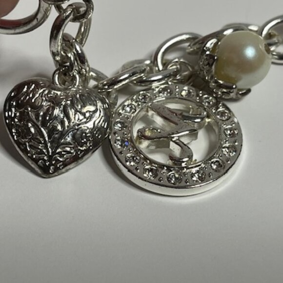 Silver-Tone Chain Charm Bracelet w/Heart, "M" Initial, Faux Pearl, Rhinestones - Picture 7 of 13